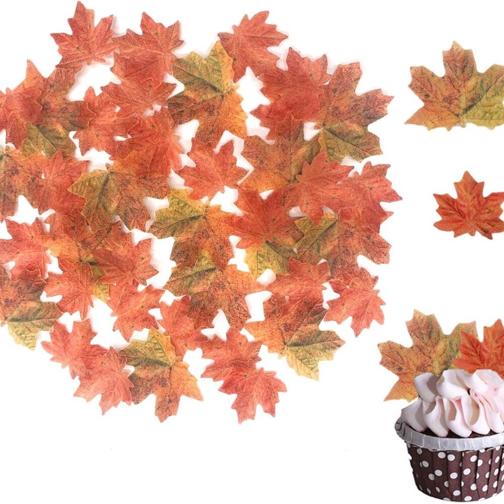 90 Pcs Edible Fall Leaves Gold Leaf Cupcake Toppers, For your Party Cake Toppers